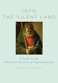 Cover of Into the Silent Land by Martin Laird, Biblical figure in red shirt and robe on a light blue background